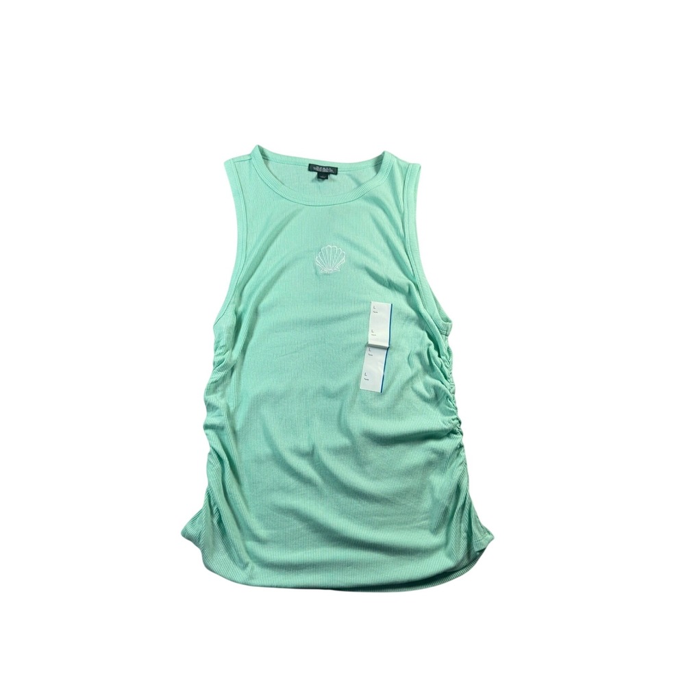 Wild Fable Mint Green Ribbed Ruched Side Tank Top Seashell Embroidered Large NWT